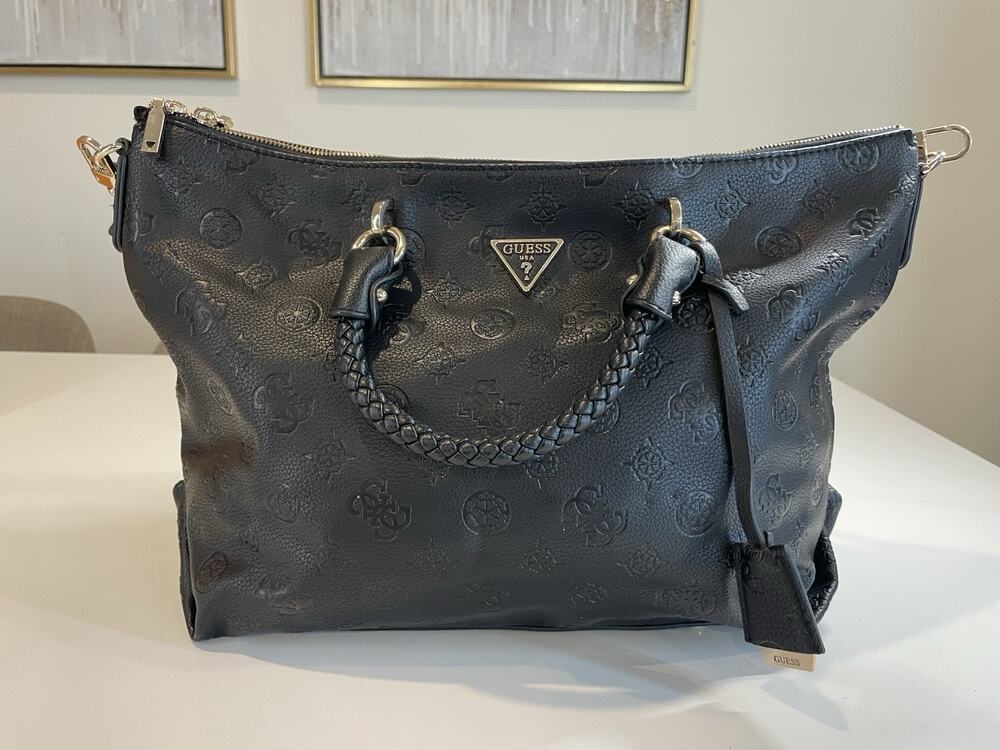 GUESS Helaina Logo Embossed Satchel Handbag - Black Mono Textured Bag